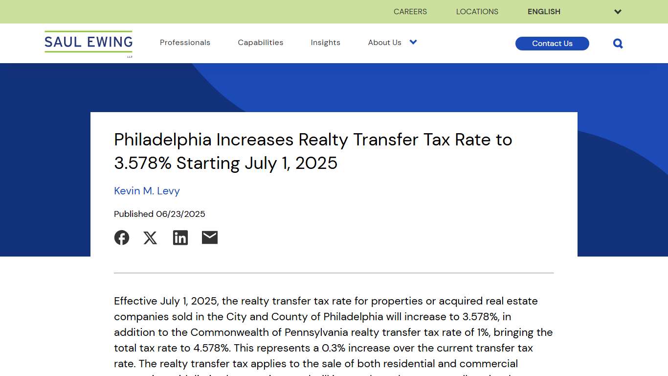 Philadelphia Increases Realty Transfer Tax Rate to 3.578% Starting July 1, 2025 | Saul Ewing LLP